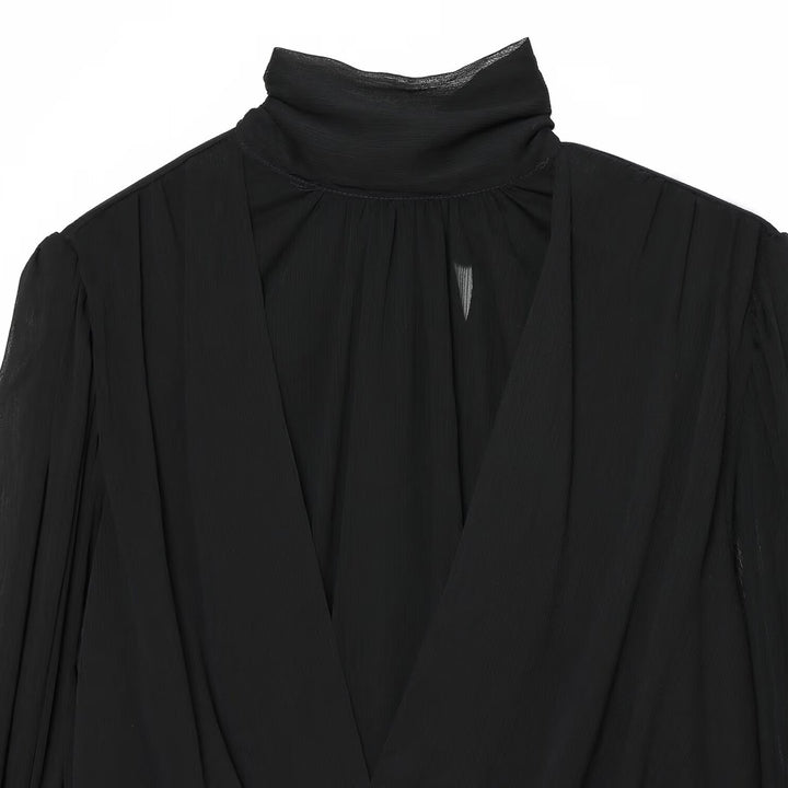 Women's chiffon blouse with tie, standing collar, and gathered balloon sleeves Mune Fashion