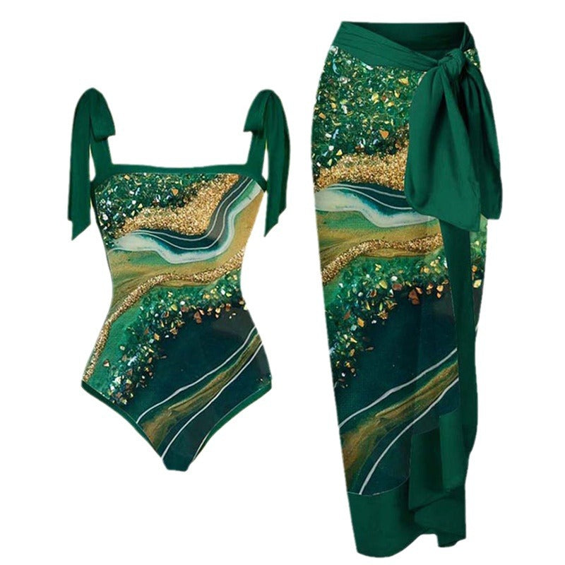 Women's Swimwear Set with Floral Swimsuit and Matching Maxi Skirt Mune Fashion