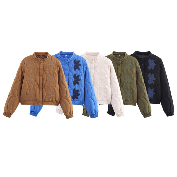 Women's Short Cut Quilted Jacket with Flower Applique and Stand-Up Collar Mune Fashion