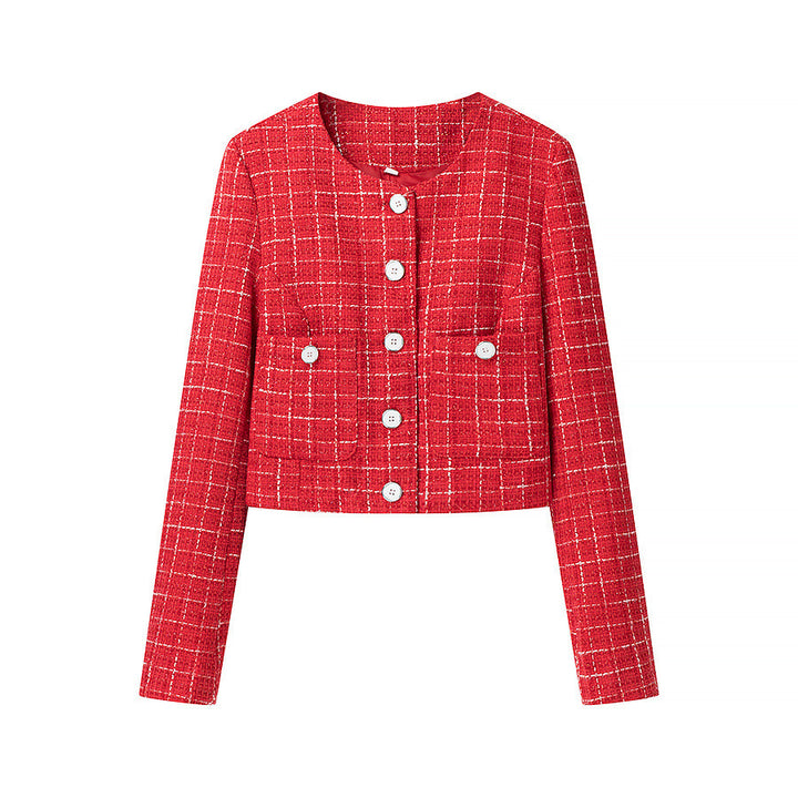 Women's Short-Cut Boucle Tweed Blazer with Round Neck, Decorative Buttons and Patch Pockets Mune Fashion
