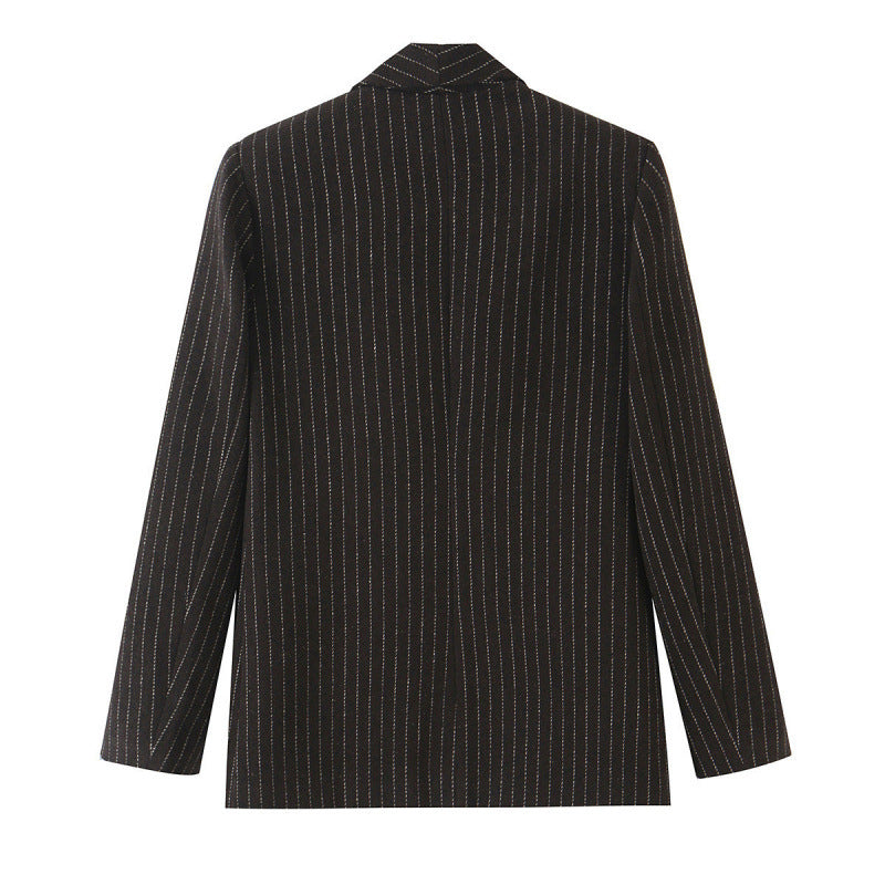 Women's pinstripe blazer with shawl collar and slightly tailored silhouette Mune Fashion