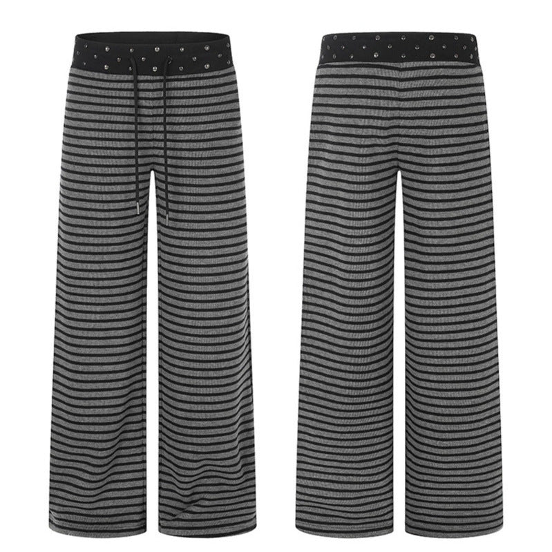 Women's Striped Palazzo Relax Pants with Studded Waistband and Drawstring Mune Fashion