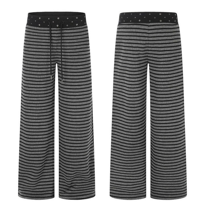 Women's Striped Palazzo Relax Pants with Studded Waistband and Drawstring Mune Fashion