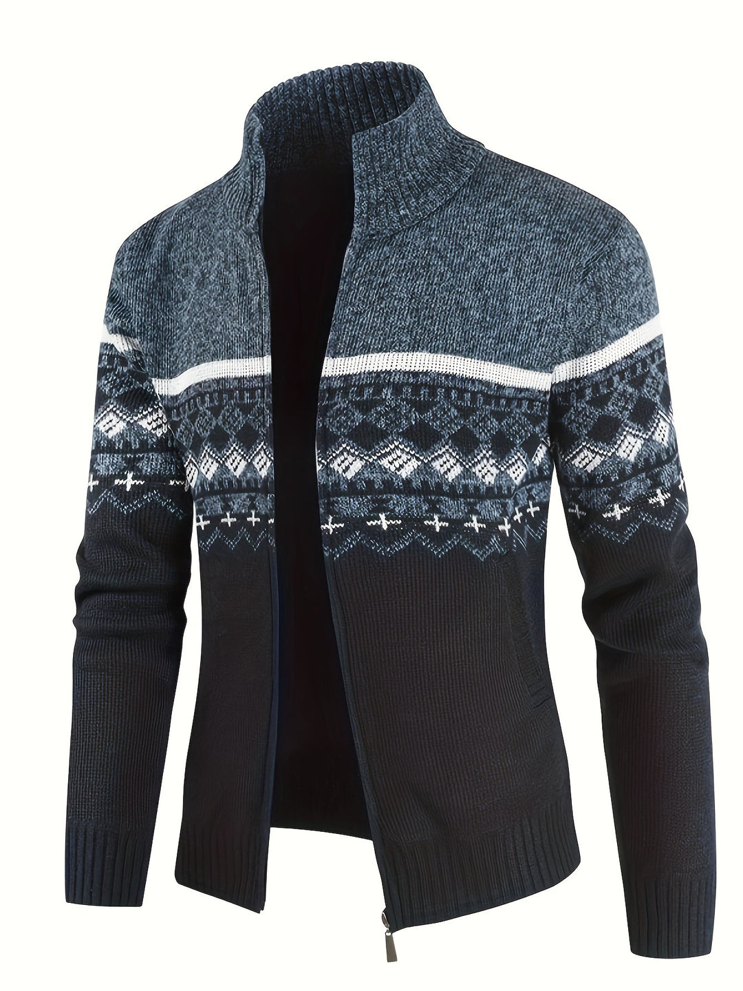 Men's Thermo Cardigan with Stand-up Collar and Zipper Norwegian Knit Fleece-lined Mune Fashion