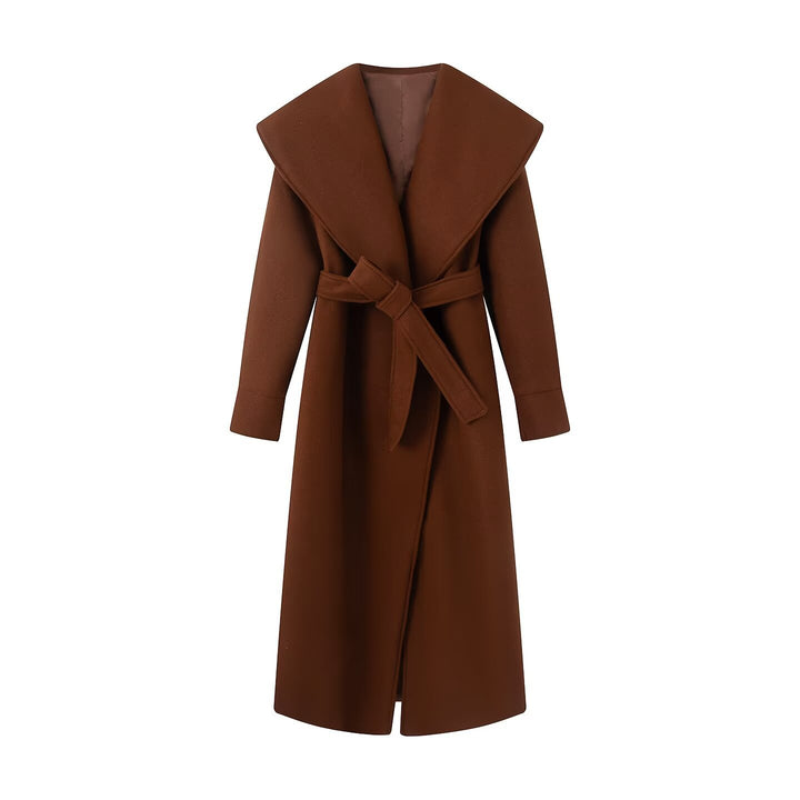 Women's Maxi Coat with Oversized Shawl Collar and Belt Mune Fashion