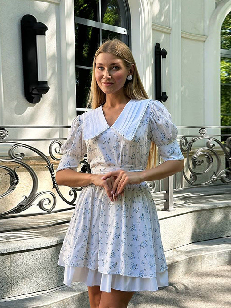 Ladies Romantic Mini Dress with Oversized V-Neck, Ruching and Floral Print Mune Fashion