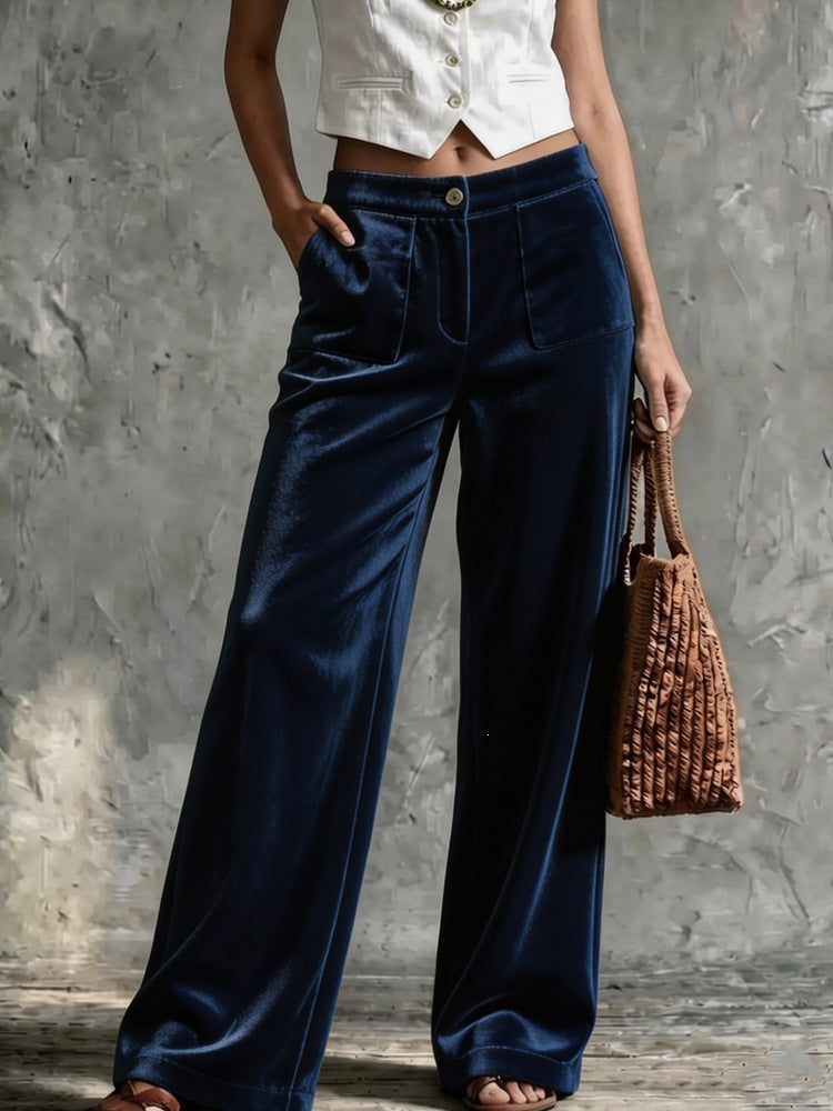 Women Wide Velvet Palazzo Pants with High Waist and Patch Pockets Mune Fashion