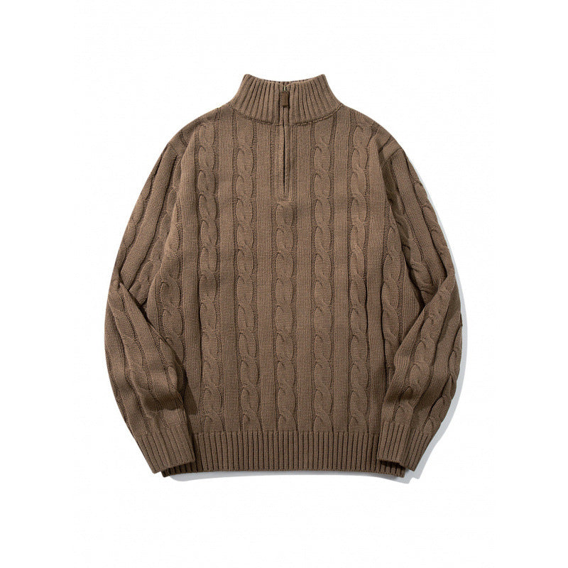 Unisex Coarse Knitted Half-Zip Cable Pattern Sweater with Stand-Up Collar and Ribbed Edges Mune Fashion