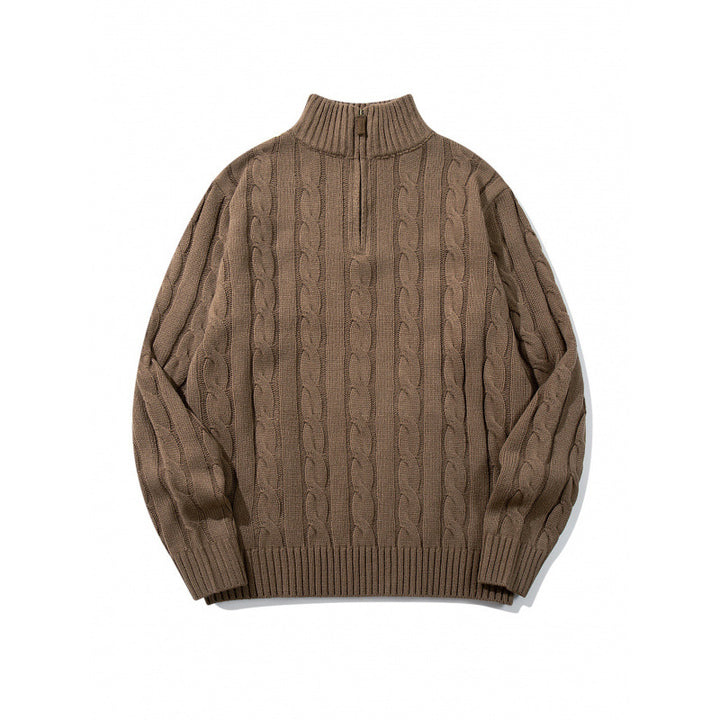 Unisex Coarse Knitted Half-Zip Cable Pattern Sweater with Stand-Up Collar and Ribbed Edges Mune Fashion