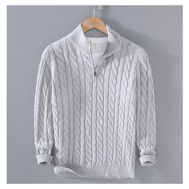 Men's cable knit semi-zip pullover made of soft cotton blend with stand-up collar Mune Fashion