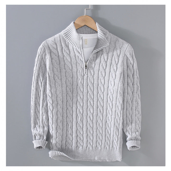 Men's cable knit semi-zip pullover made of soft cotton blend with stand-up collar Mune Fashion