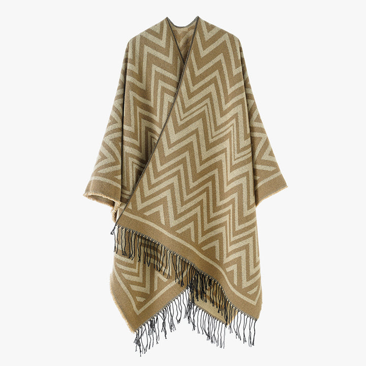 Women's Rectangular Zigzag Wool Blend Wrap with Fringe Hem and Open Fall Mune Fashion