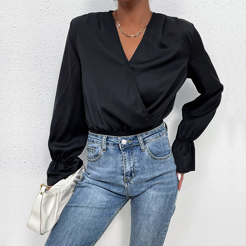Women's satin bodysuit with wrap look, V-neck, elastic waist and ruffle sleeves Mune Fashion