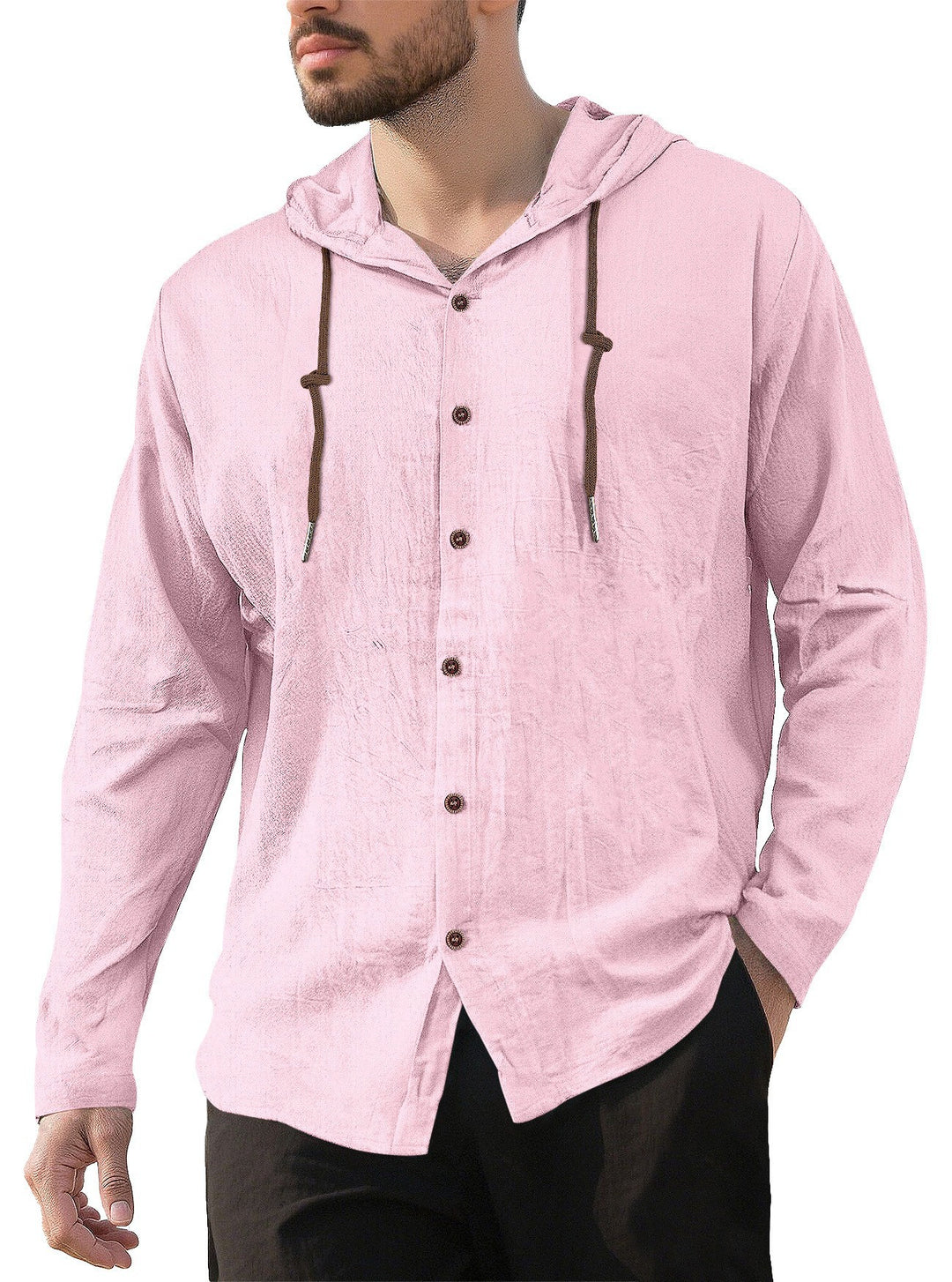 Men's hooded shirt in linen look with button placket and drawstring Mune Fashion