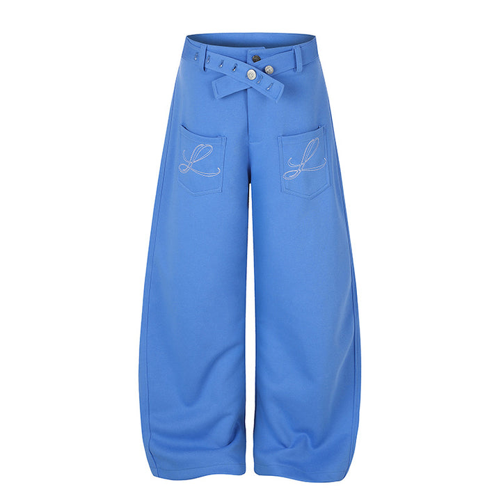 Women's Wide High-Waist Palazzo Jogging Pants with Pockets, Decorative Embroidery and Adjustable Belt Mune Fashion