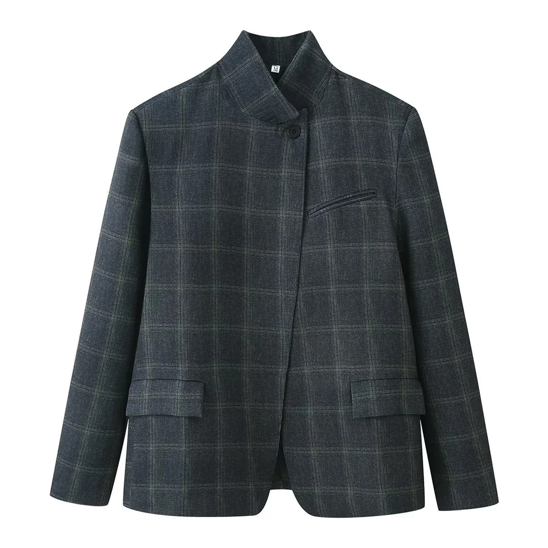 Women's checked blazer with stand-up collar, diagonal button placket and flap pockets Mune Fashion
