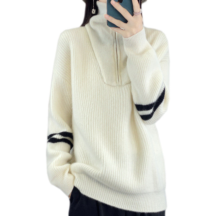 Women's ribbed knit pullover with half zipper, high stand-up collar, and relaxed fit Mune Fashion