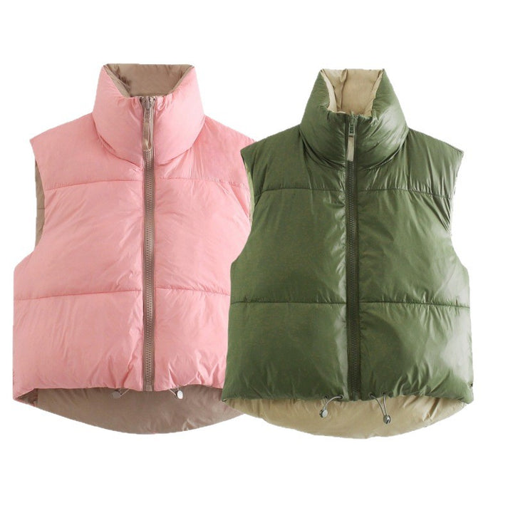 Women's short-cut quilted vest with high stand-up collar and extended back Mune Fashion