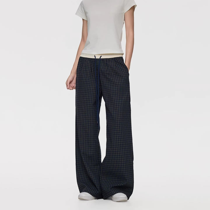 Ladies Wide Relaxed Lounge Pants with Drawstring Waist, Checkered Pattern & Pockets Mune Fashion