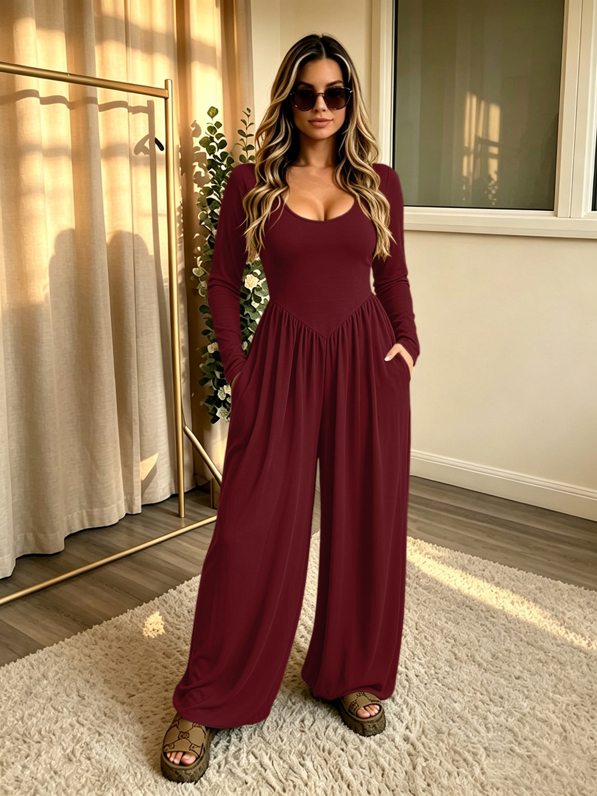 Ladies Long Jumpsuit with Wide Leg, Deep Round Neck and Side Pockets Mune Fashion