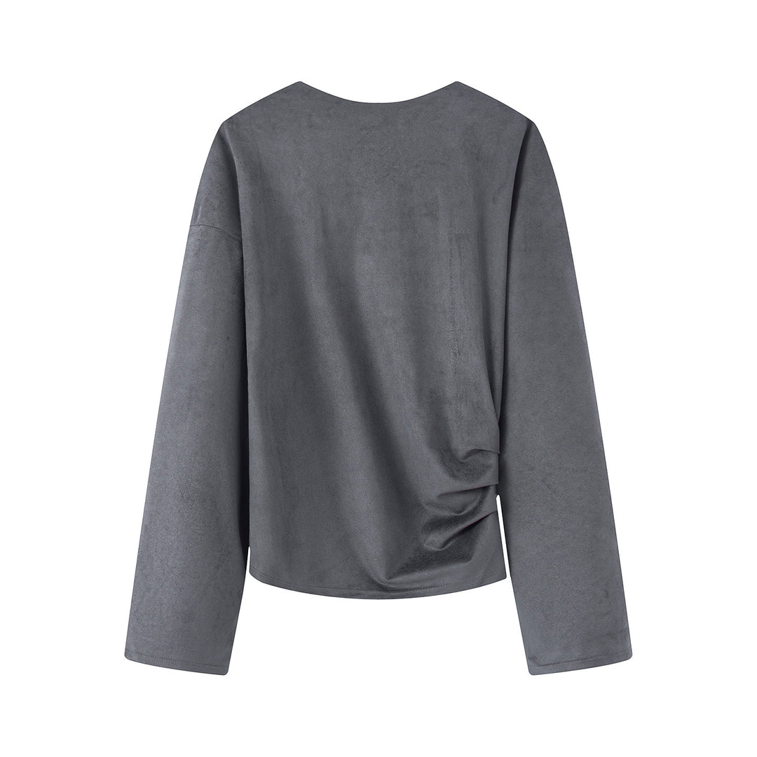 Women's oversized long sleeve shirt with side draping and velvety suede look Mune Fashion