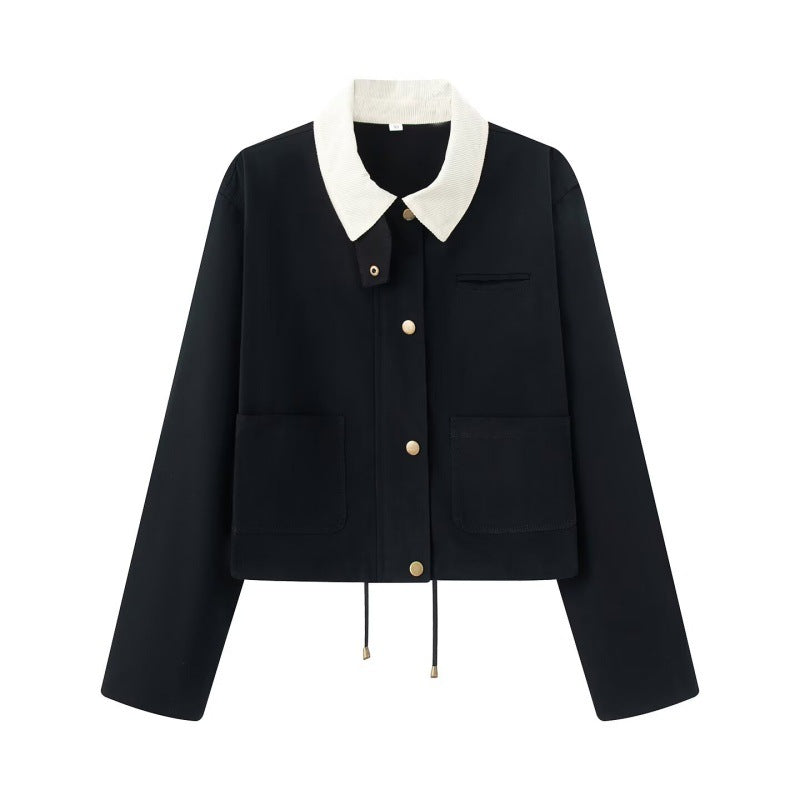 Women's Cropped Workwear Jacket with Cord Collar, Press Buttons and Drawstring Mune Fashion
