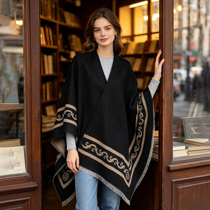 Women's Oversize Cape with Geometric Jacquard and Fringe Hem Mune Fashion