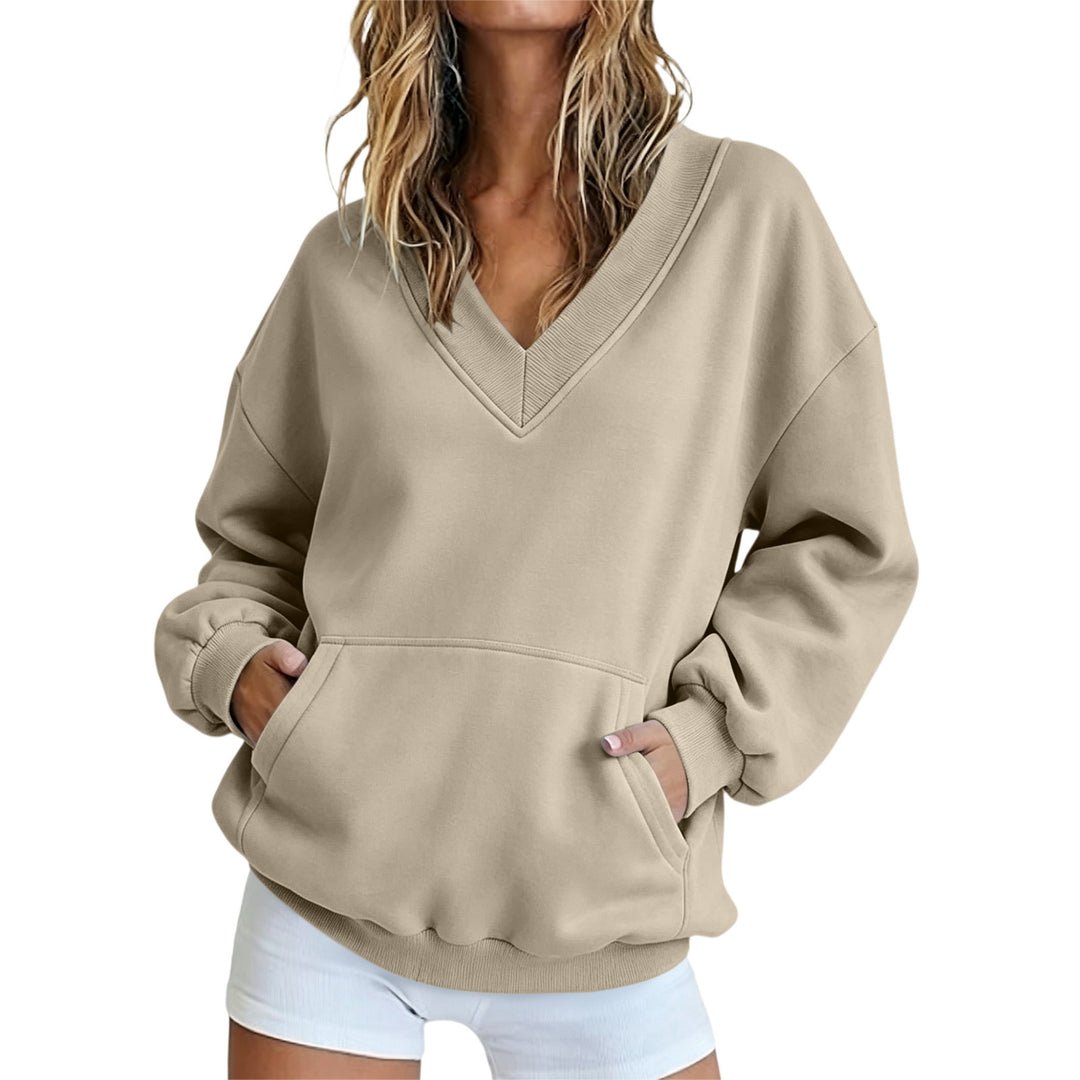 Women Oversize V-Neck Sweatshirt with Kangaroo Pocket and Ribbed Hem Mune Fashion