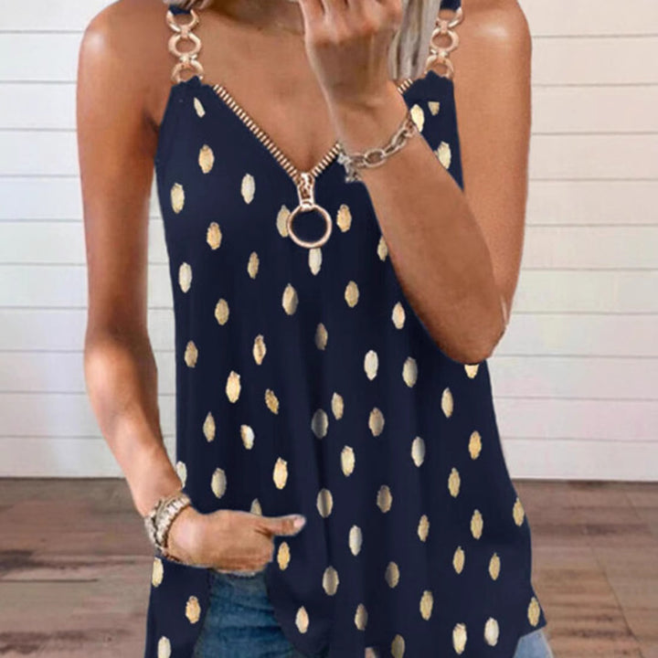 Women's lightweight tank top with O-ring zipper, chain strap detail, and metallic dots Mune Fashion