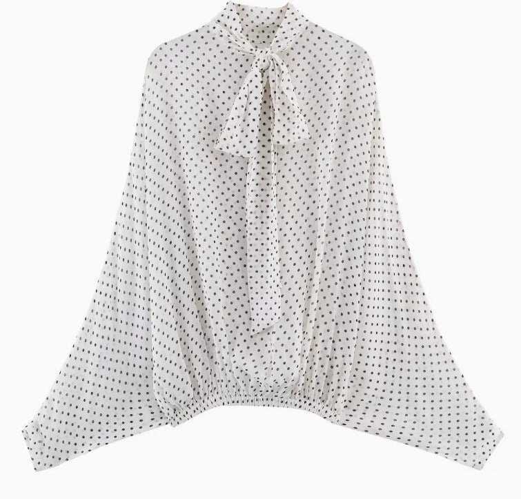 Women 100+ oversized polka dot blouse with batwing sleeves, stand-up collar and elastic hem Mune Fashion