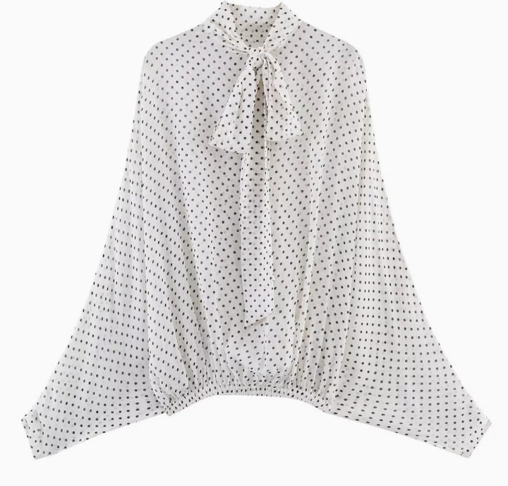 Women 100+ oversized polka dot blouse with batwing sleeves, stand-up collar and elastic hem Mune Fashion