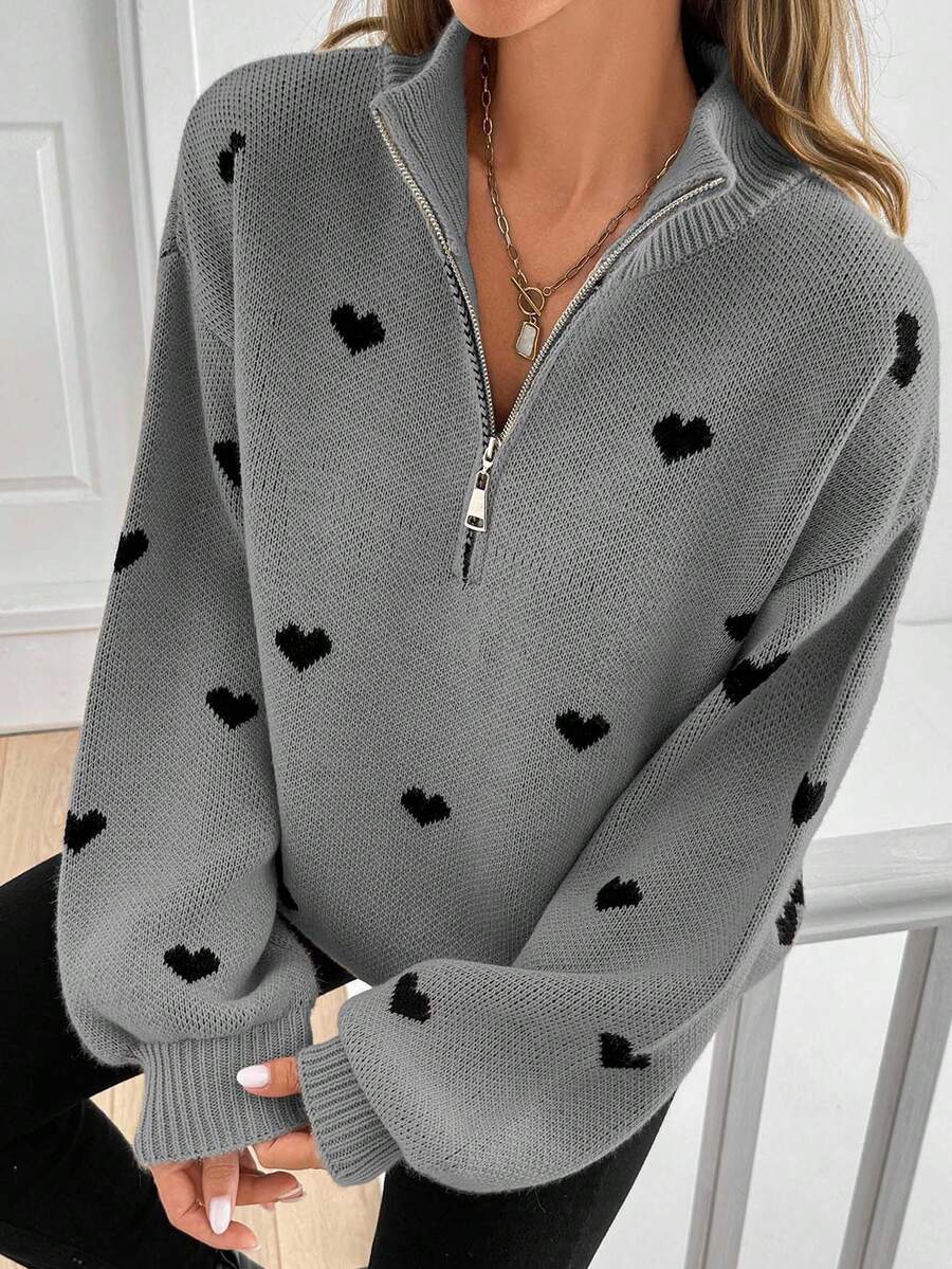 Women's Oversized Knit Sweater with Half-Zip and Heart Design Mune Fashion