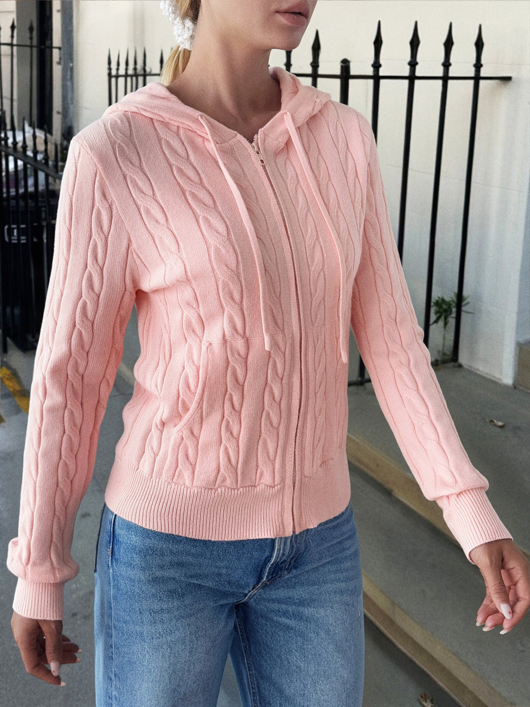 Women's Hooded Cardigan with Zipper, Cable Knit Texture and Kangaroo Pocket Mune Fashion