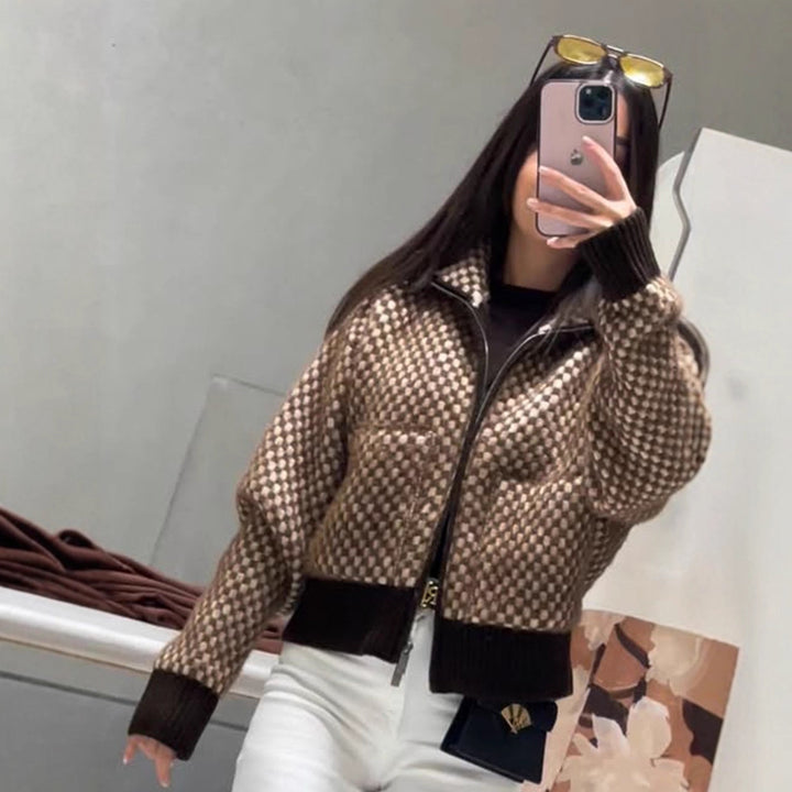 Women's Short-Cut Knit Zip Cardigan with Hood and Textured Pattern Mune Fashion