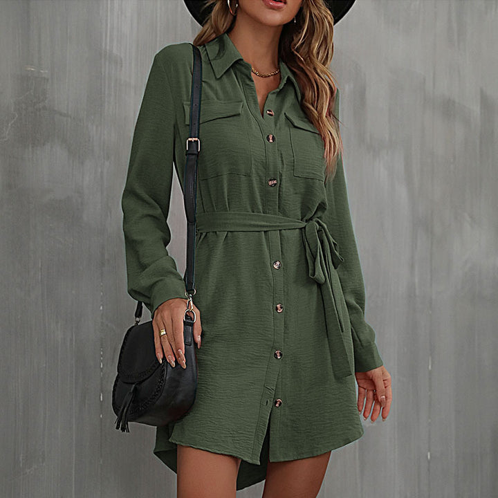 Women Knee-Length Shirt Dress with Waist Belt Mune Fashion