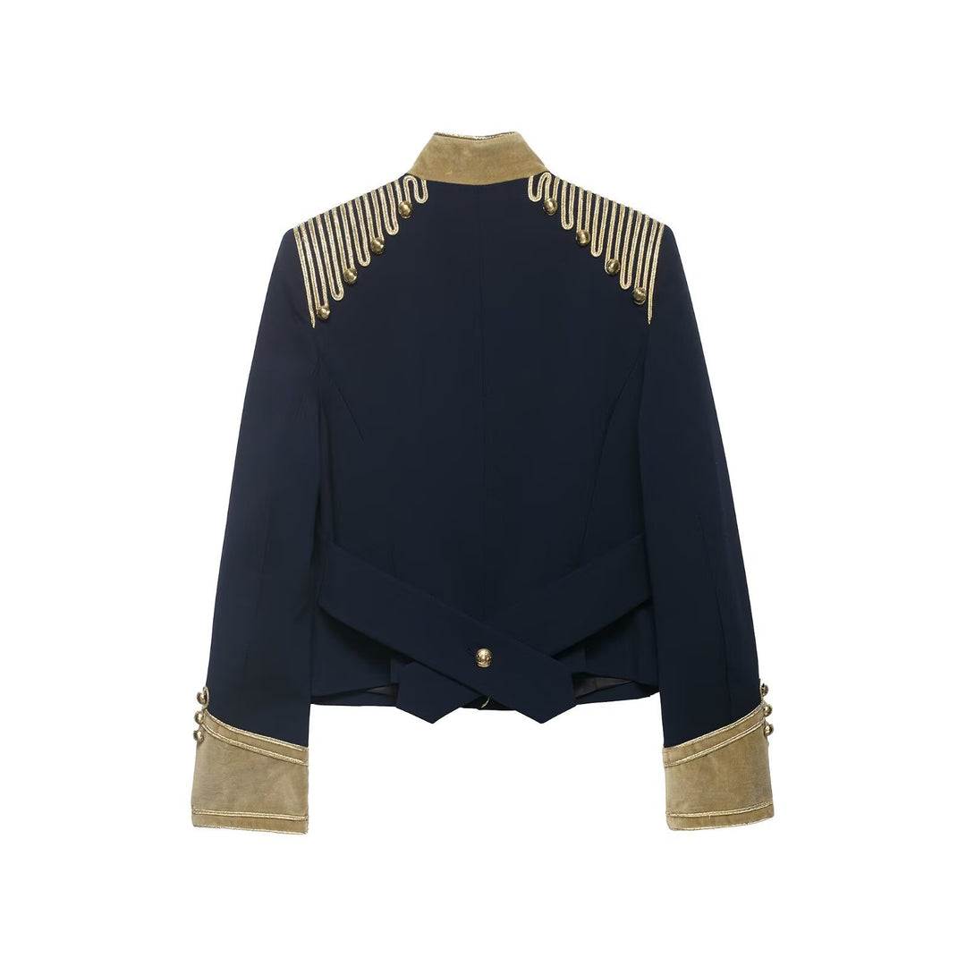 Women's Cropped Military Jacket in Parade Look with Gold Cord Decoration and Velvet Cuffs Mune Fashion