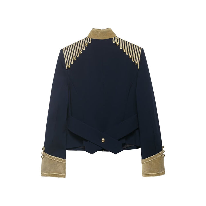 Women's Cropped Military Jacket in Parade Look with Gold Cord Decoration and Velvet Cuffs Mune Fashion