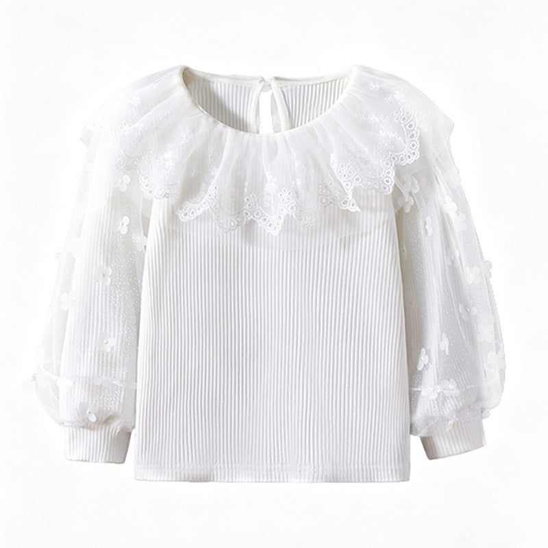 Girl's blouse with floral lace sleeves and ruffle trim Mune Fashion