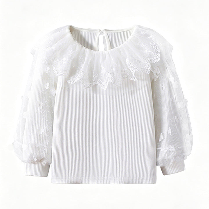 Girl's blouse with floral lace sleeves and ruffle trim Mune Fashion