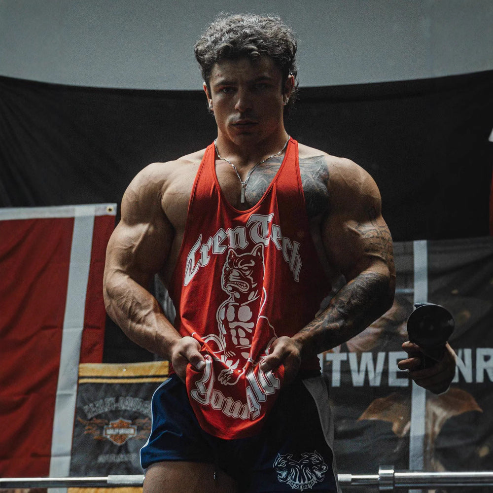 Men's form-fitting fitness tank top with bulldog graphic and extra deep armholes Mune Fashion