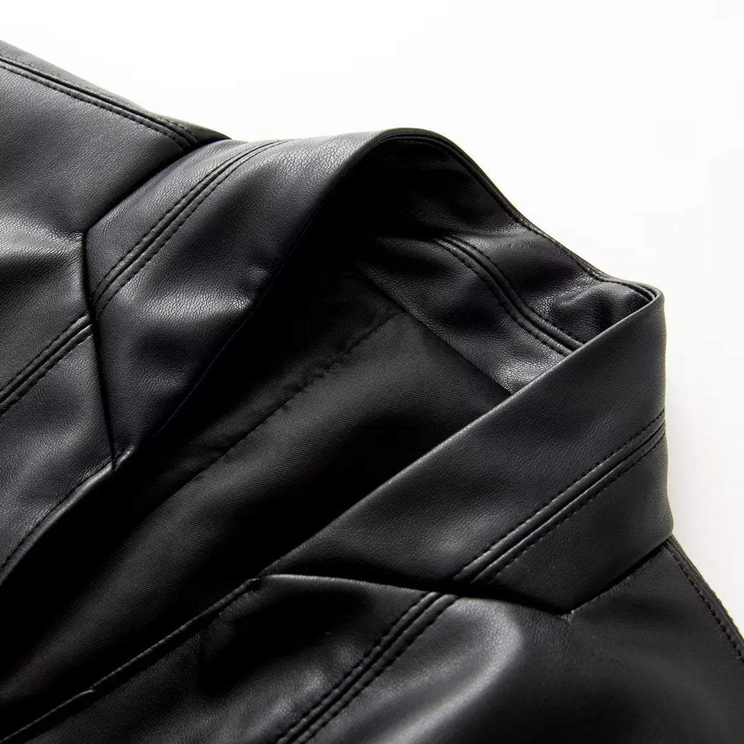 Women's tailored vegan leather look coat blazer with shawl collar, decorative button belt, and slip pockets Mune Fashion