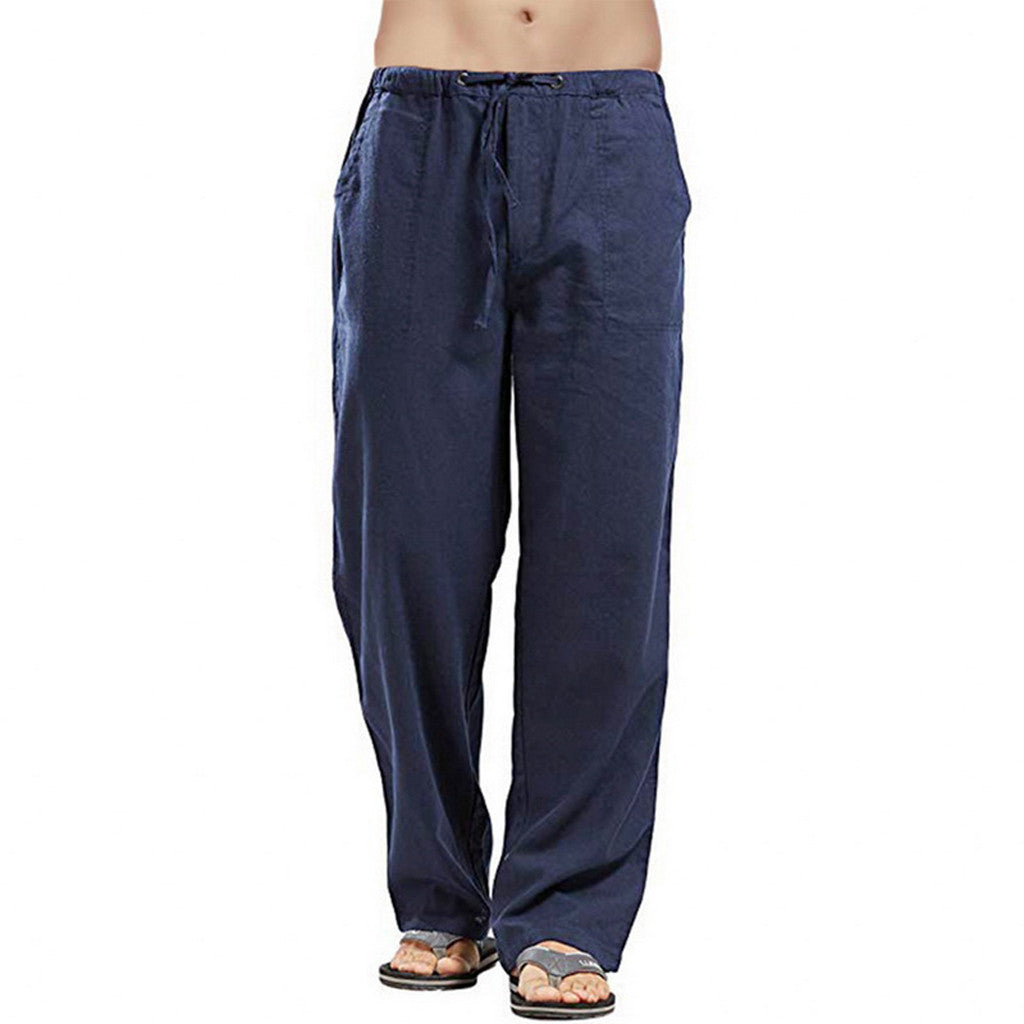 Men's Casual Linen Pants with Drawstring Waist and Straight Leg Mune Fashion