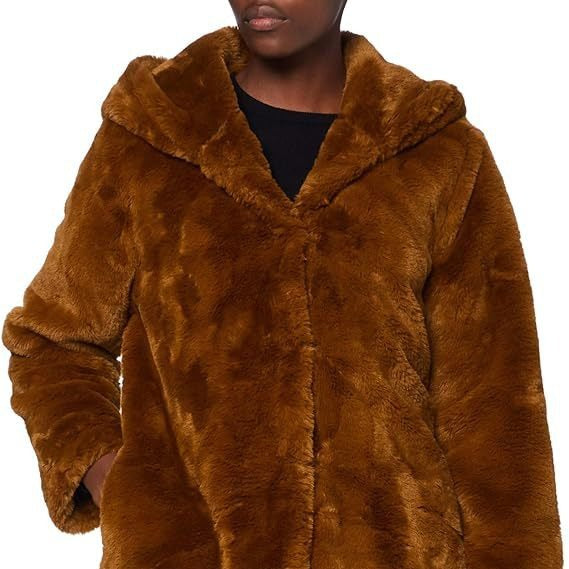 Women's Midi Length Faux Fur Coat with Hood, Teddy Finish and Concealed Button Placket Mune Fashion