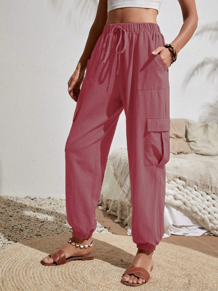 Women Cargo Jogging Pants with Elastic Waistband, Drawstring and Patch Pockets Mune Fashion