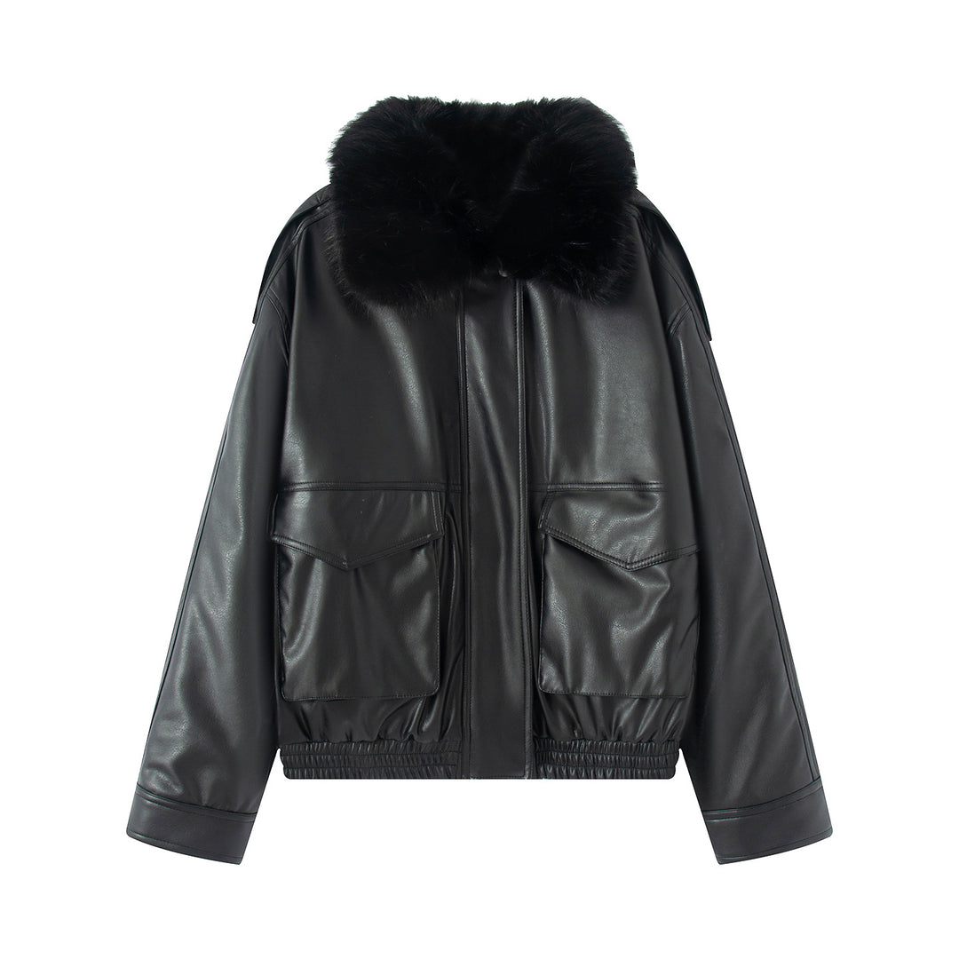 Women's fitted faux leather blouson with voluminous faux fur collar and flap pockets Mune Fashion
