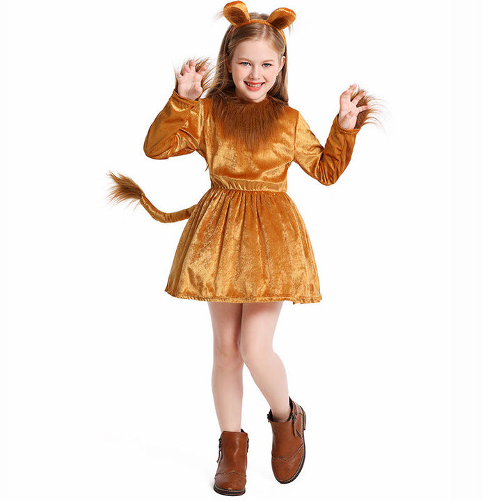 Girls Lion Costume with Fluffy Ear Accents and Swinging Skirt Mune Fashion