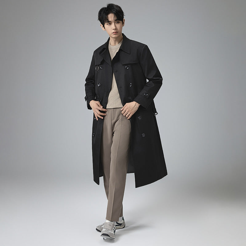 Men's Modern Tech Trench Coat with Double-Breasted Button Placket, Tie Belt and Subtle Ring Details Mune Fashion