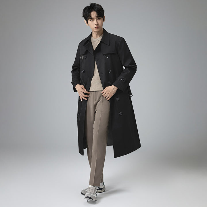Men's Modern Tech Trench Coat with Double-Breasted Button Placket, Tie Belt and Subtle Ring Details Mune Fashion