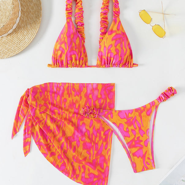 Women's Triangle Bikini Set with Ruffle Details and Trendy Wrap Tunic Mune Fashion