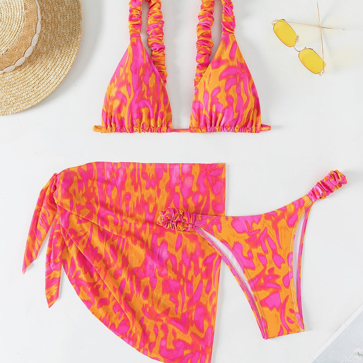 Women's Triangle Bikini Set with Ruffle Details and Trendy Wrap Tunic Mune Fashion